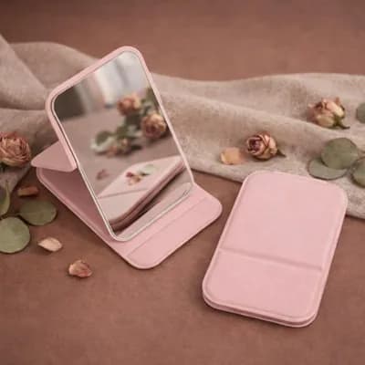 An open pink mirror on its stand beside its plain closed cover, among dried roses