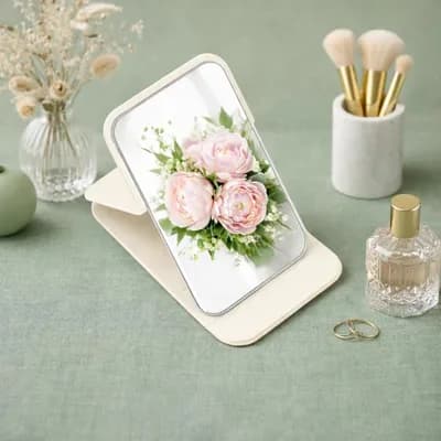 An open cream mirror on its stand, reflecting pink peonies, beside makeup brushes
