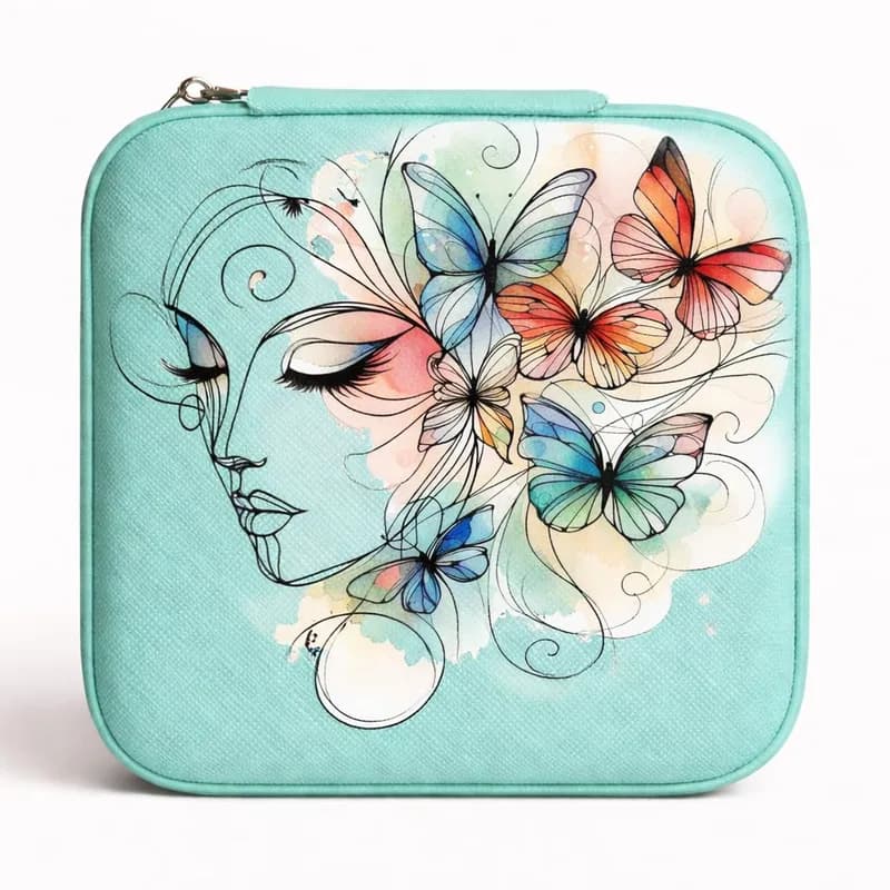 A mint mini jewelry box printed with a line-drawn woman’s face and colorful butterflies