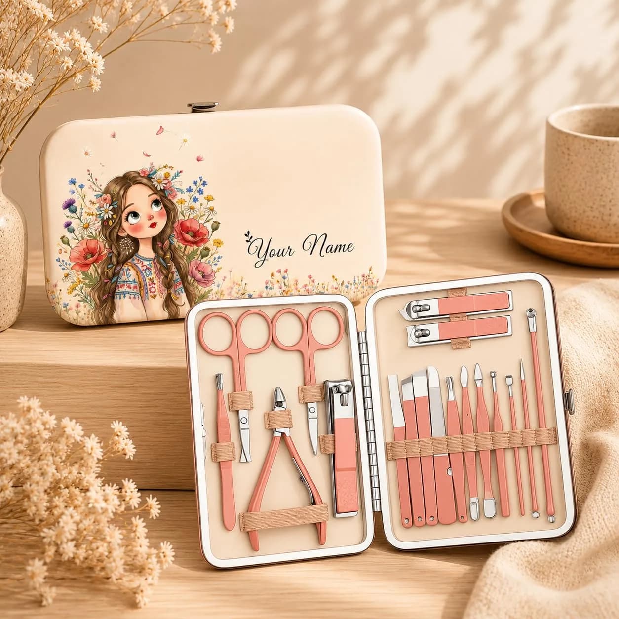A cream case with “Your Name” beside an illustration of a girl in a flower crown among poppies and wildflowers, next to the open kit of rose-gold tools